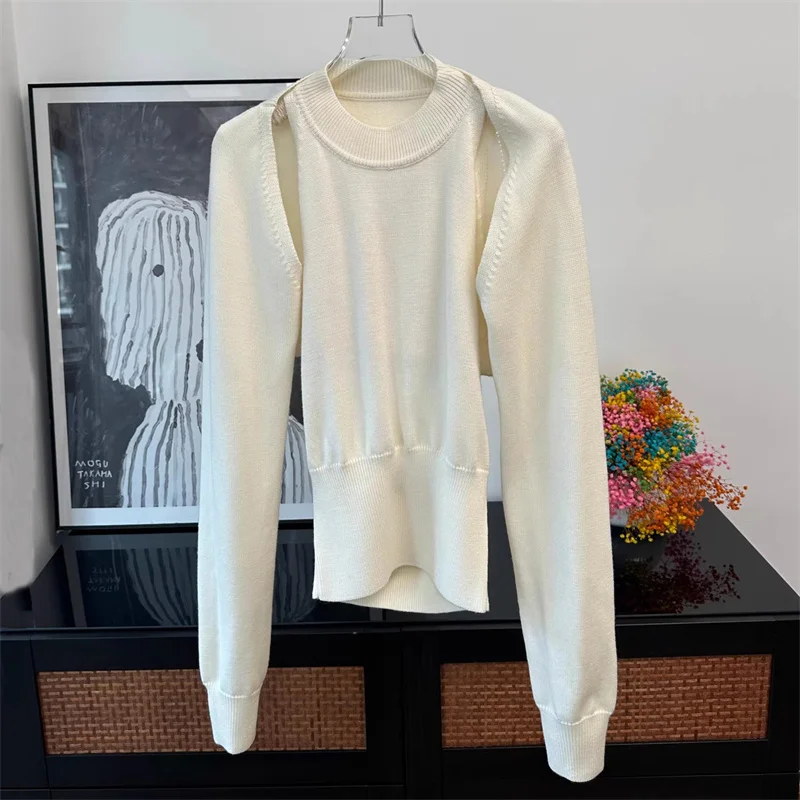 

Женский свитер 2026 Весна, новинка, эластичный вязаный облегающий топ с длинными рукавами, имитация двухслойного, с вырезами, пуловер, 100% шерсть, трикотаж