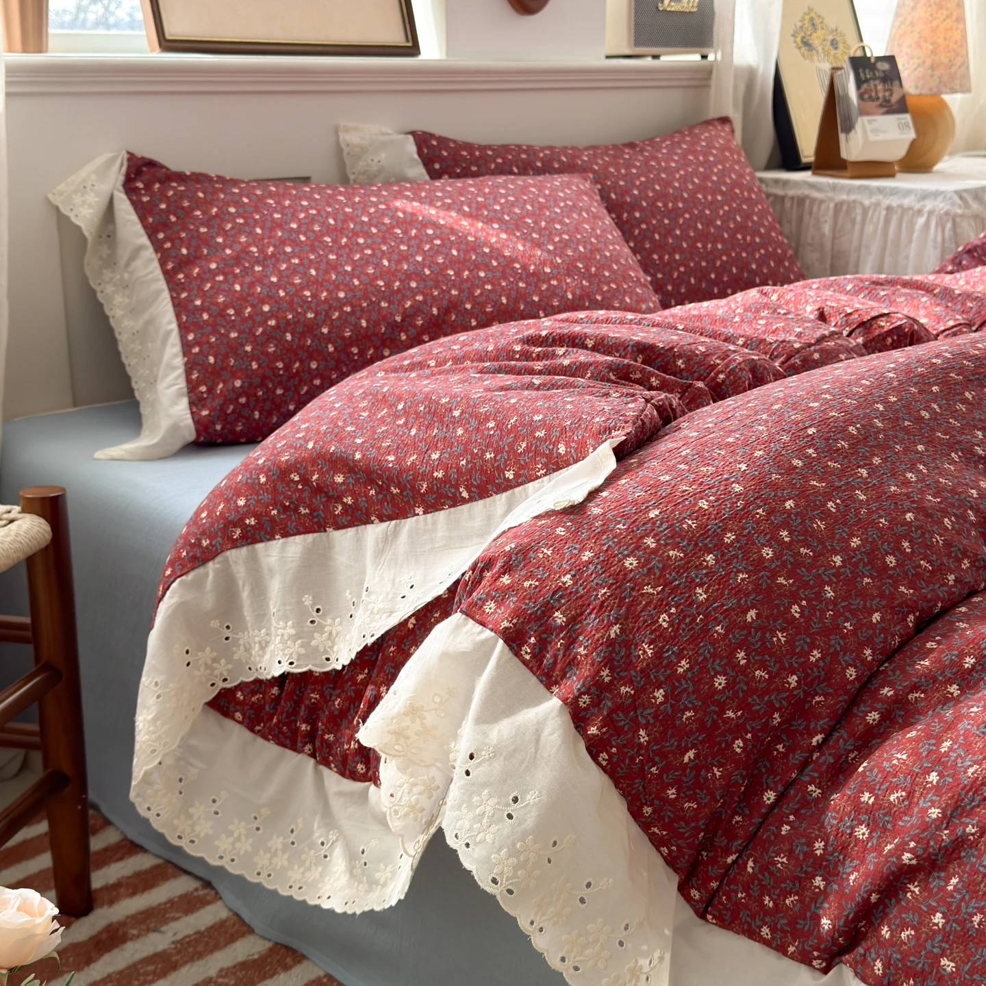 Vintage Floral Bedding Set Washed Cotton French Style Bed Flat Sheet Pillowcase Full Queen Duvet Cover Set No Filler