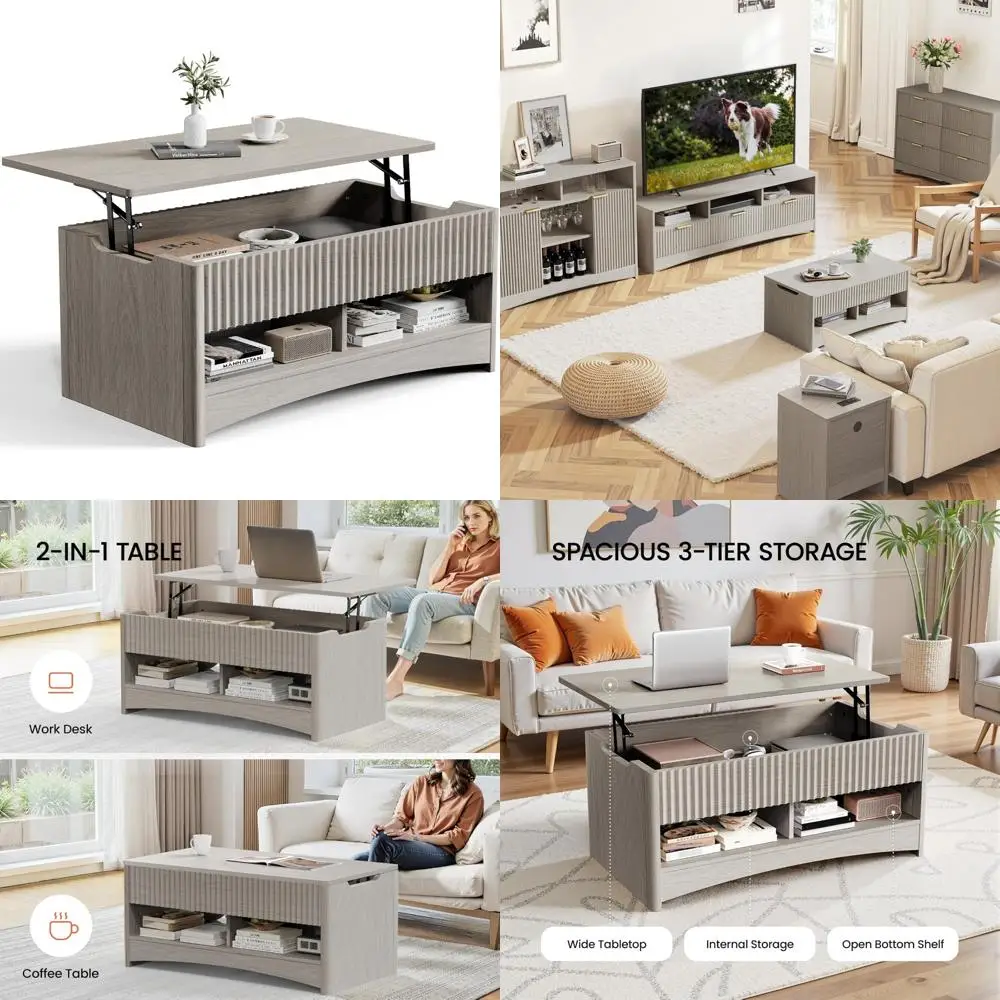 Table basse de rangement moderne avec plateau relevable, table centrale de salon rectangulaire, compartiment caché pour l'organisation