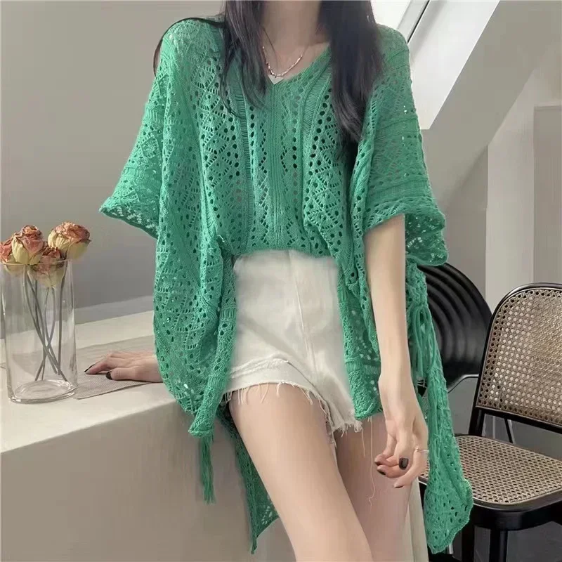 V-Ne Batwing Sve Gestrickte Cover up Lose Fit Abnehmen Sommer Top Frauen Bluse aushöhlen Koreanische T-shirt
