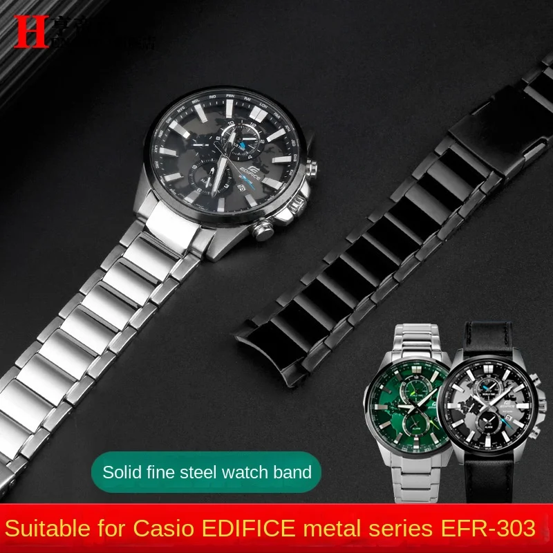 

For Casio EFR-303DB/EFR-303L metal wristband watch strap Curved end stainless steel watchband 22mm men's Bracelet Folding buckle