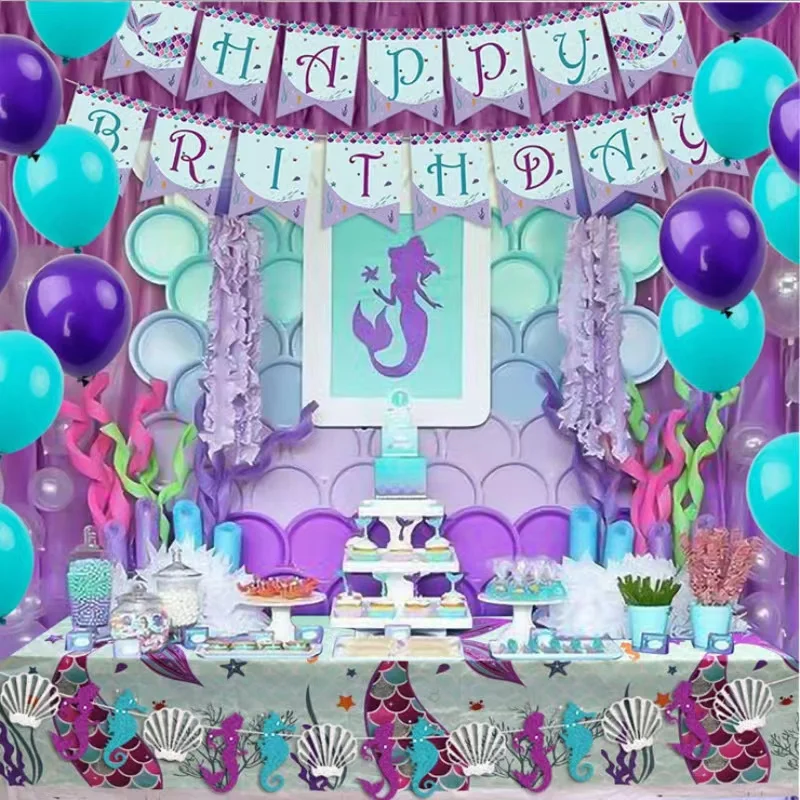 Little Mermaid Theme Birthday Party Decorations Supplies Cake Topper Iridescent Banner Plates Cups Napkins Balloons Tablecloth