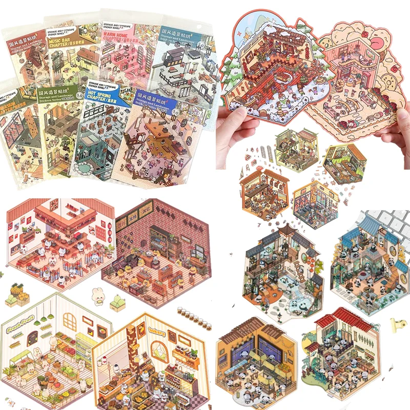 

1Set Cute 3D Landscaping Handbook Sticker Miniature Scene Sticker Cartoon Pocket Cabin Scene Stacking Pasting Stickers