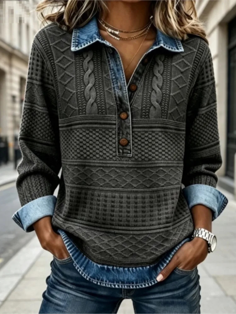 Women Half Button Turn‑down Collar Long Sleeve Tops Vintage Patchwork Design Loose Casual Daily Fall Top Pullover For Female
