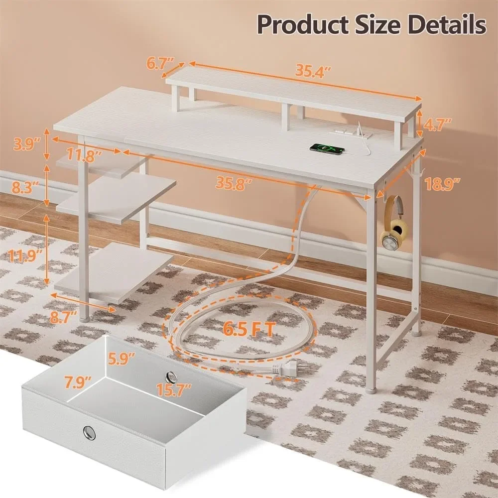 White Desk with Power Outlets and LED Lights, Gaming Desk with Shelves and Fabric Drawer, Reversible Study Table