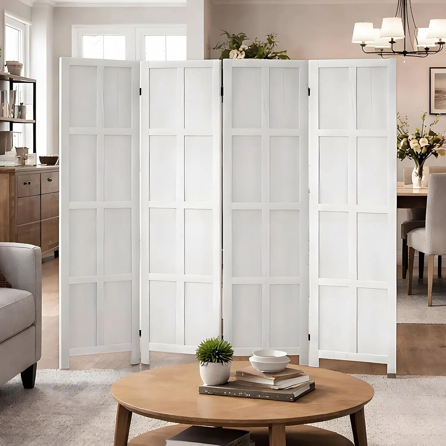 4 Panel Room Divider Folding Privacy Screen, 66.92″ Tall Solid Paulownia Wood Room Partition with 360° Hinges, Freestanding Wall
