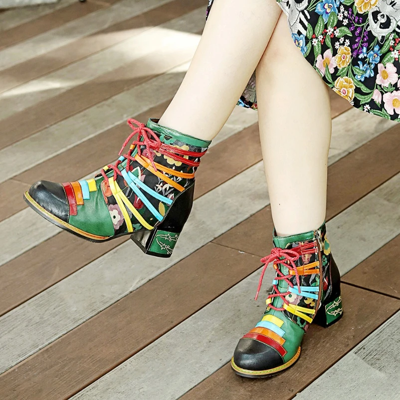 

2025 Printed Short Boots 5.4cm Cloth Jacquard Embossed Flower Sheepskin Leather Autumn Woman Heel Plus Size Spring Ankle Shoes