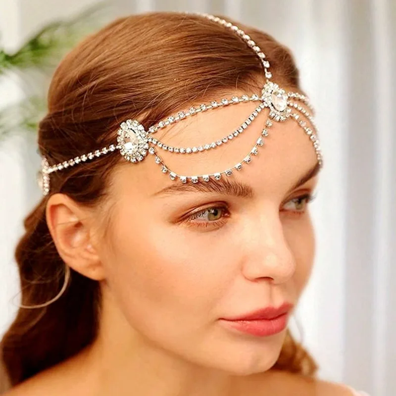 

Bohemian Full Rhinestone Bridal Headband Chain For Women Crystal Wedding Bride Headdress Forehead Jewelry Hair Accessories