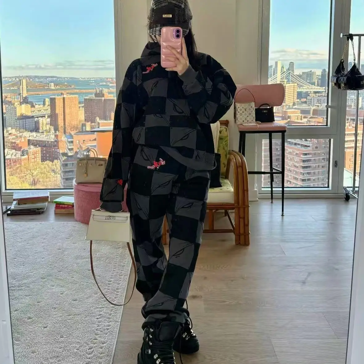 iceon-studio-plaid-casual-sports-set-men-women-autumn-new-loose-thin-couple-hoodie-pants-cotton-long-sve-long-pants