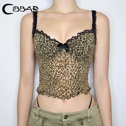 CIBBAR Retro Leopard Print Camis Vintage 2000s Bow Stitched Sleeveless Lace Strap Crop Top Women Summer See Through Mesh Tee y2k