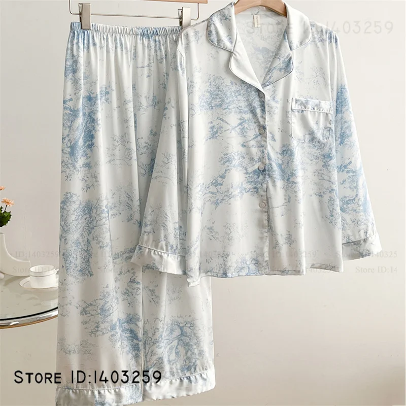 Female Pajamas Homewear 2PCS Set Print Flower Long Sleeve Trouser Suit Pijamas Spring Autumn New Loungewear Night Wear Pyjama