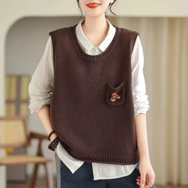 Retro Art Knitted Vest Women\'s Spring and Autumn New Style Loose Casual Large Lazy Style Round Neck Sleeveless Tank Top Camback