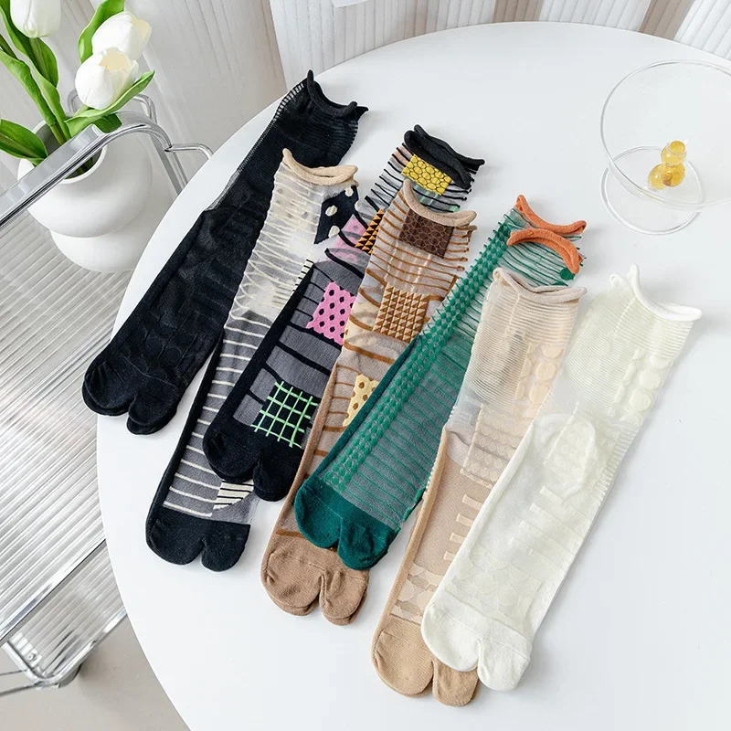 

Summer Ultra-Thin Crystal Silk Sheer Frilly Tabi Socks Japanese Women Toe Socks Literary Personality Female Toe Socks