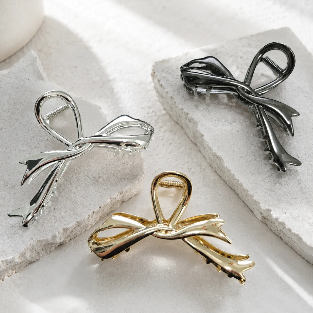 Presilha de Cabelo em Liga Metálica com Laço para Mulheres e Meninas, Grampo de Cabelo em Metal com Fita, Antiderrapante, Elegante, Suporte para Coque, Acessório de Cabelo Moderno para o Dia a Dia