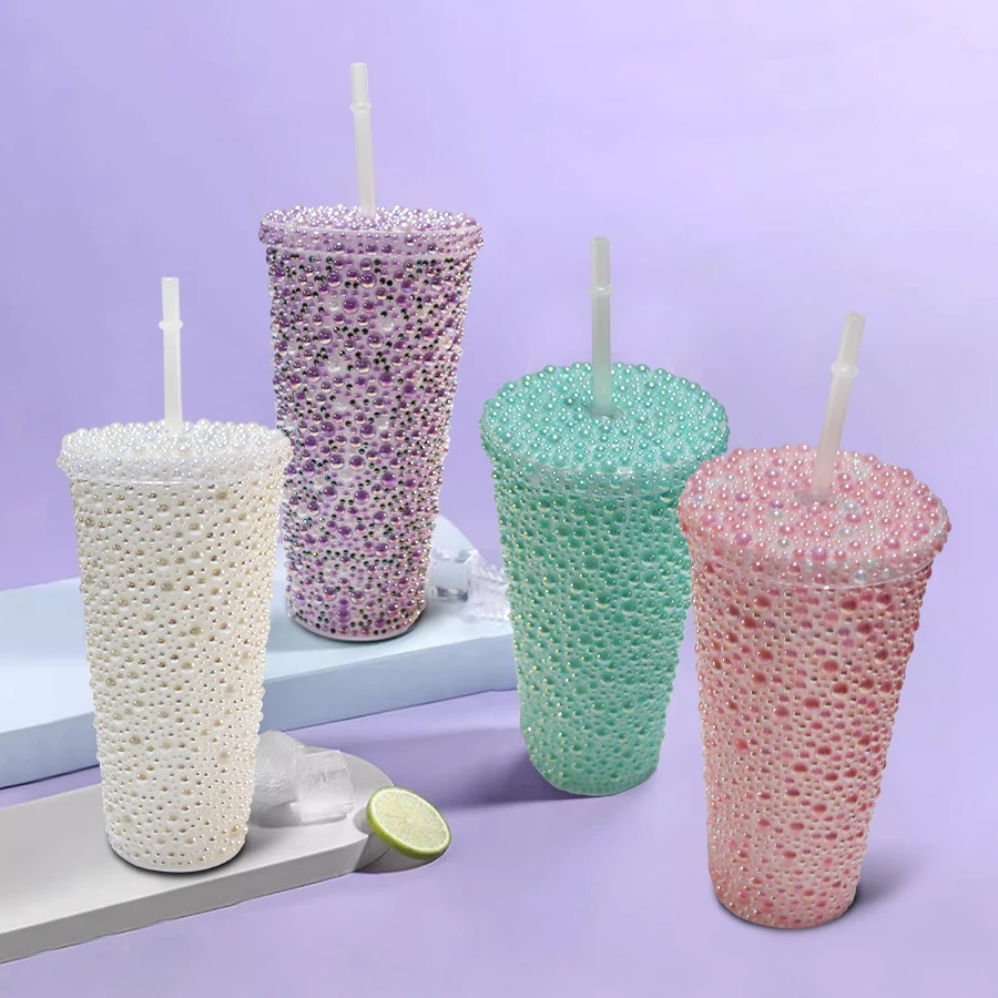 Sparkling rhinestone inlaid double-layer PS material with straw, durable and easy to clean coffee cup, essential for home, offic