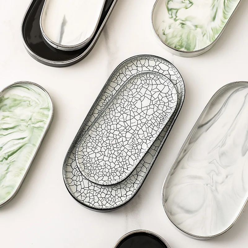 Bathroom Countertop Hotel Supplies Dinner Tray Light Luxury Ceramic Oval Board Pattern Plant Decorative Tray