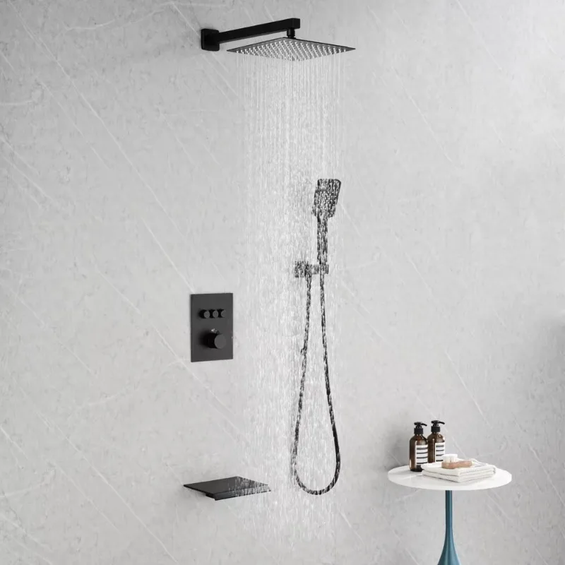 Brush Golden Finished Solid Brass Hot and Cold Rain Square Shower Mixer with Waterfall Bath Tap