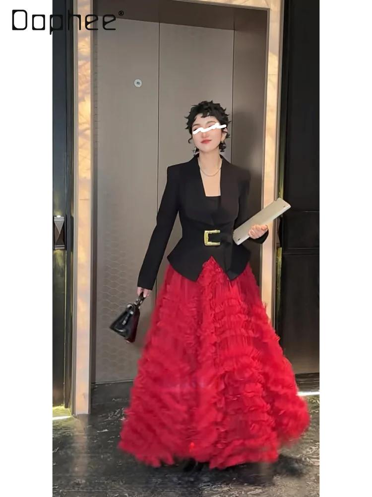 

Длинная юбка в стиле французской феи с асимметричным подолом, модная сетчатая юбка в корейском стиле, с завышенной талией, облегающая, многослойная, универсальная женская юбка