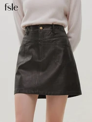 FSLE Coffee Colored Leather Skirt A-line Half Length Skirt For Women 2023 New Autumn Winter High Waisted Short Skirt For Women