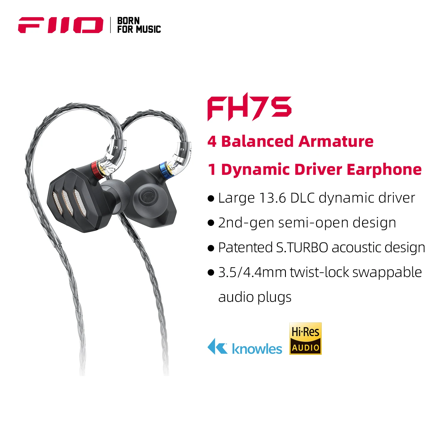 FiiO FH7S In-Ear Earphones High-Performance 1DD+4BA Hybrid Technology IEM Earbuds with 3.5/4.4mm Plug