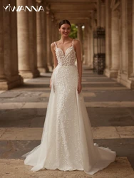 Elegant Beaded Lace Appliques Wedding Dress V-neck Spaghetti Straps Bridal Gown Customized Detachable Train Dresses For Bride