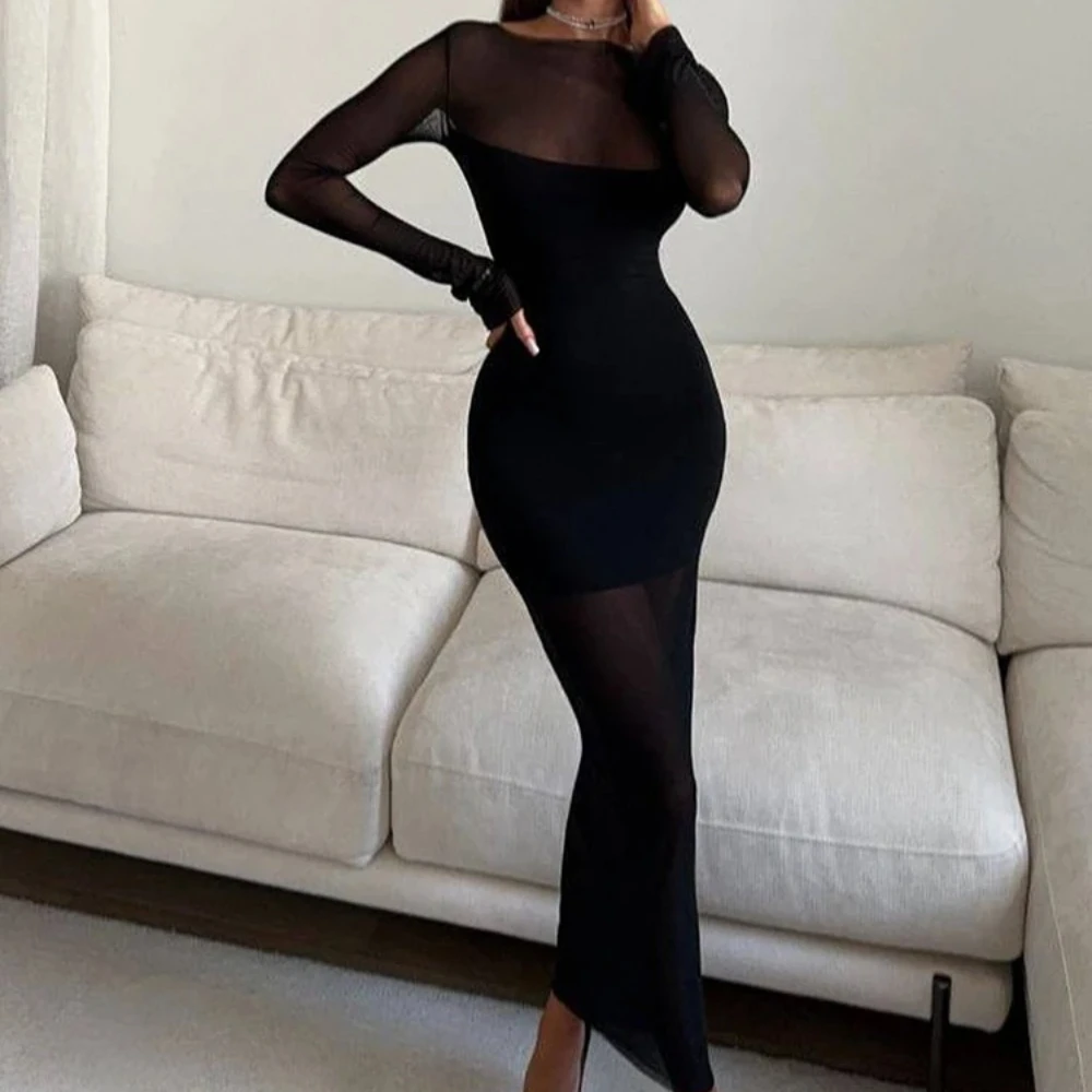 2026 Sexy Kleid Mesh Damen Maxikleider Durchsichtig O-Ausschnitt Einfarbig Modisch Schlank Reguläre Lange Ärmel Bodycon Party Vestidos Robe