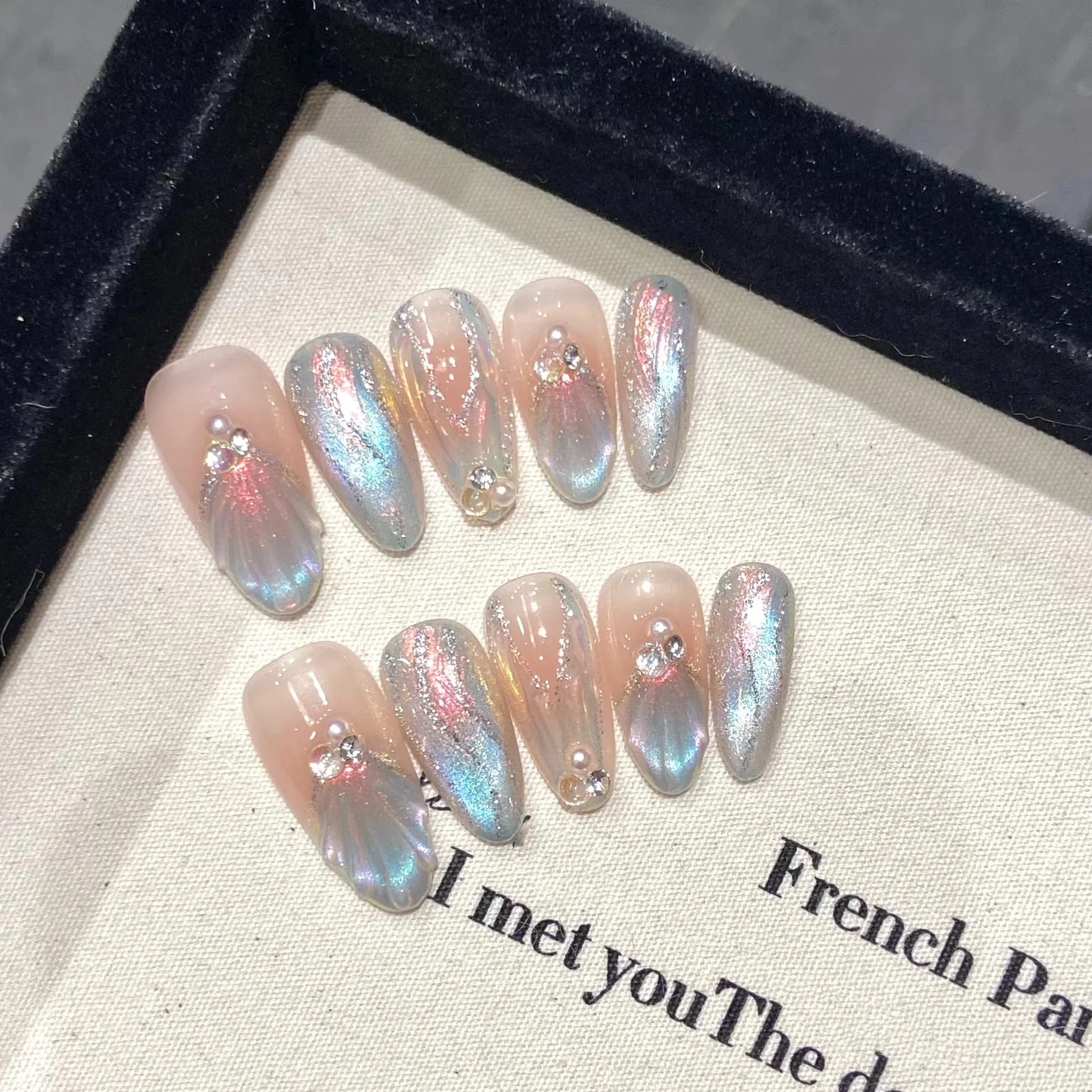 10Pcs Reuse Finished Fake Nail Tips with Butterfly Deisgn Pink Cat\'s Eye French Handmade Press on False Nails Wearable Nail Art