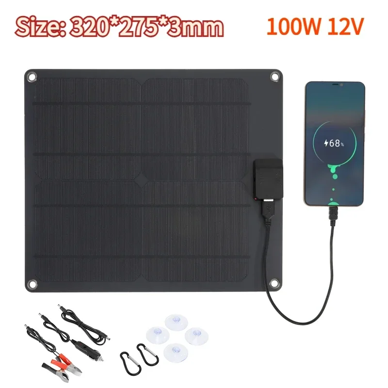 100W 12V/18V Solar Panel Portable USB 5V 2A Battery Charger DC+Type C Solar Cell Board Car Charger for Phone RV Car Camping