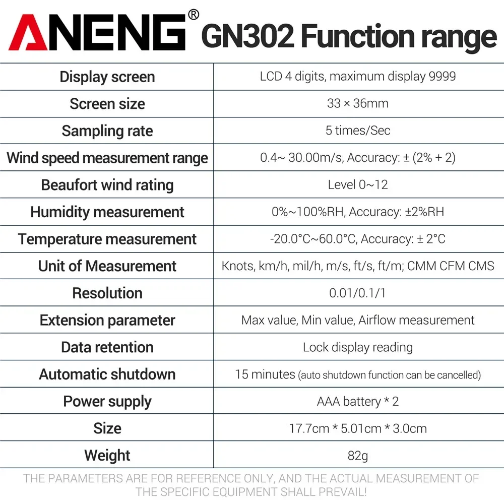 ANENG GN302 Handheld Anemometer 9999 Count Digital 0.4~30.00m/s Wind Speed Meter -20.0C~60.0C Temperature Tester Anemometro