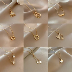 MEYRROYU Classic Gold Color Stainless Steel Necklace For Women Jewelry Imitated Pearl Beads Heart Pendant Necklace Birthday Gift