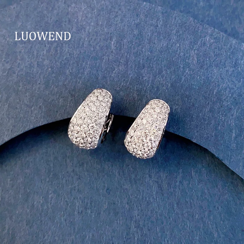 LUOWEND 100% 18K White Gold Earrings Women 1.60carat Real Natural Diamond Hoop Earrings Luxury Shiny Design High Party Jewelry