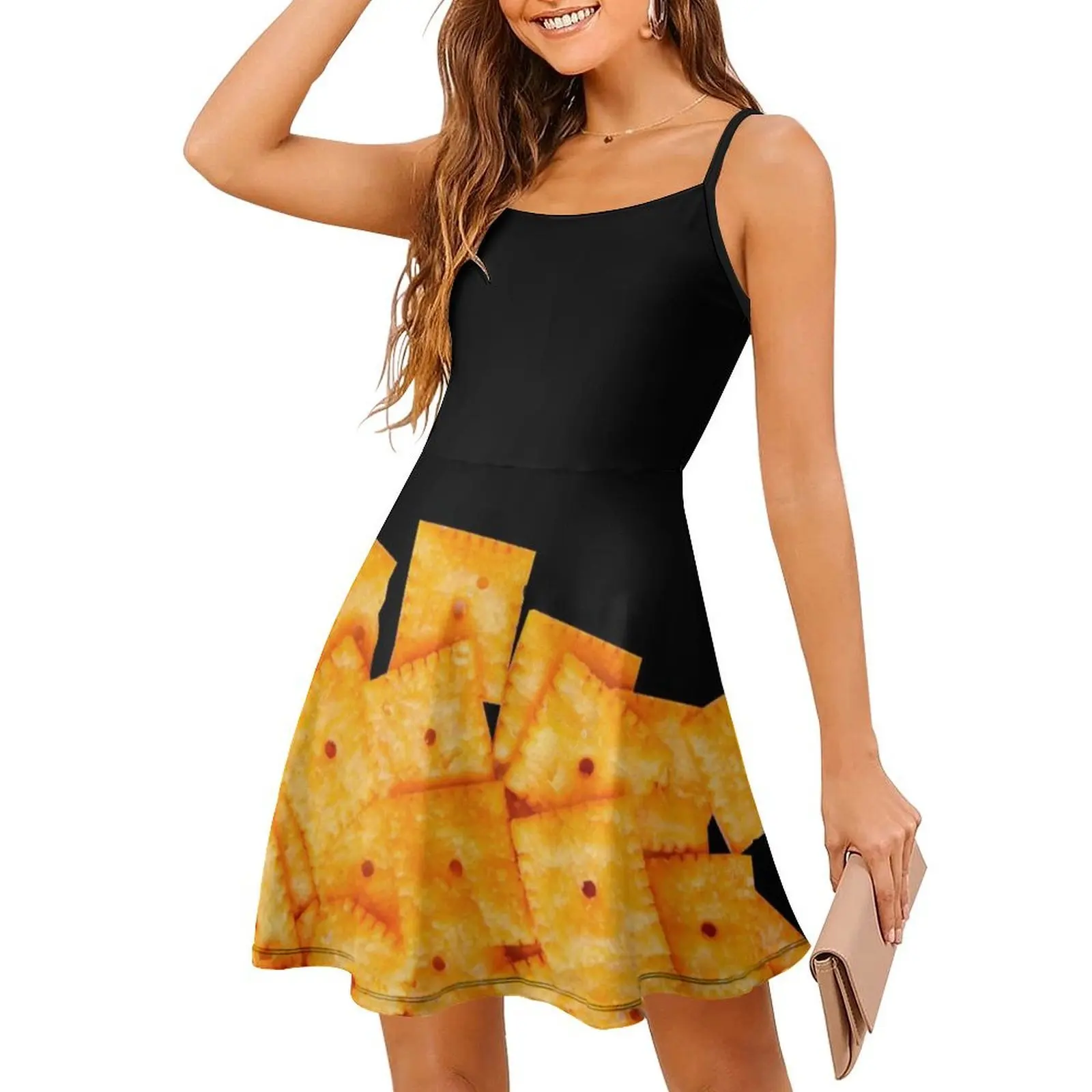 فستان نسائي أنيق للحفلات من Cheez It فستان على شكل حرف a مع خيارات قصيرة/طويلة/بدون أكمام Cheez It Food Cheese Snack Cheez It