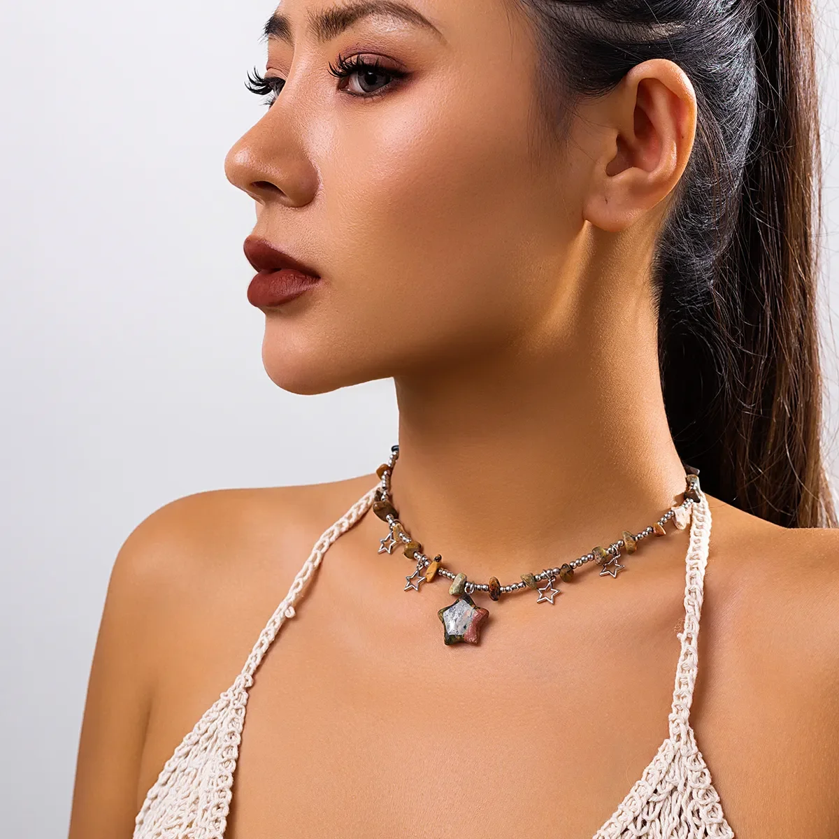 Boho Kpop Colorful Irregular Natural Stone Hollow Star Pendant Choker Necklace Women Goth Beads Chain Y2K Jewelry Accessorie New view 3