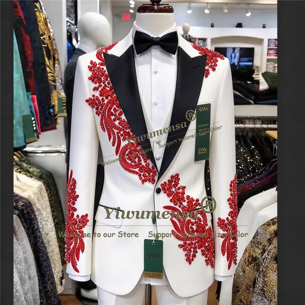 Bridegroom Wedding Suits For Man Luxury Red Beaded Stones Lace Appliques Prom Blazer Customized 3 Pieces Male Fashion Outfits