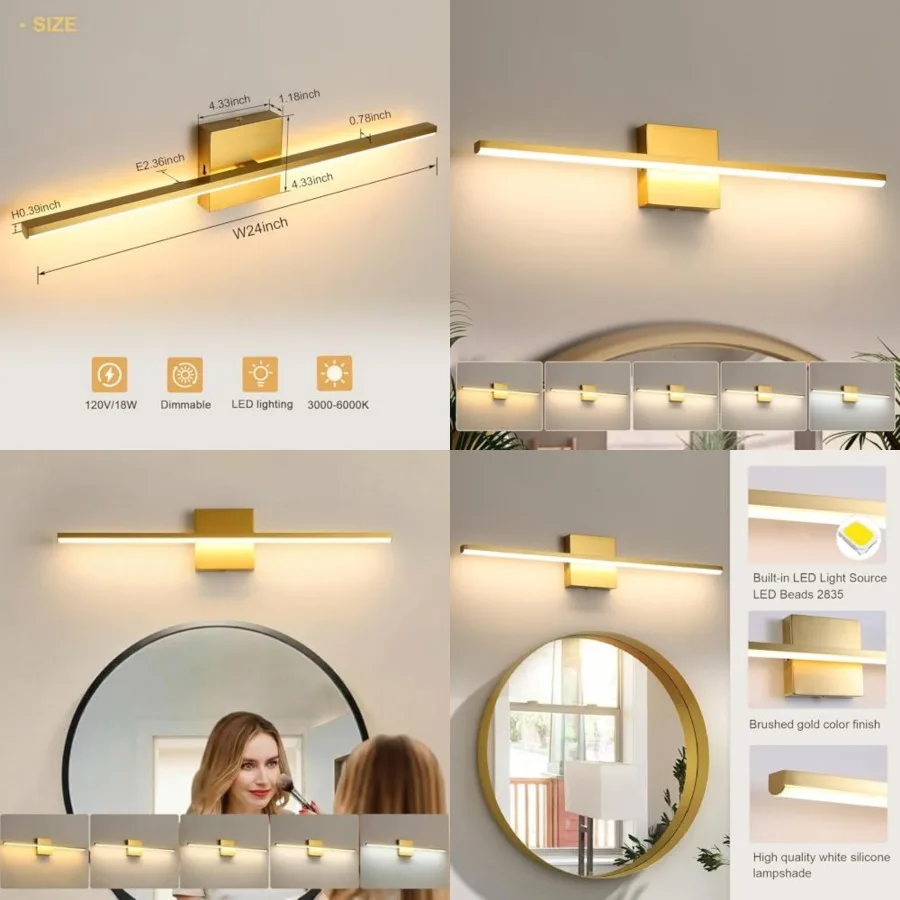 Modern Bathroom Vanity Light 24 Inch, 18W Brushed Gold Bathroom Light Fixture Over Mirror, Dimmable 5CCT LED Wall Sconce Lighti
