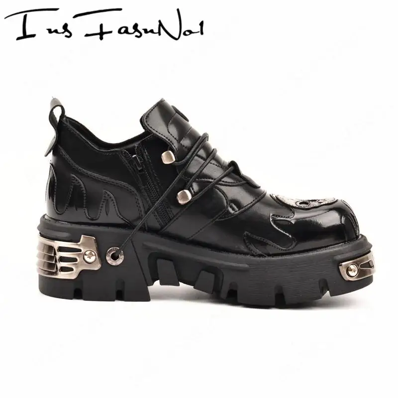 Gothic Black Women Shoes Designer Punk Metal Flat Platform Walking Sneakers Skeleton Print Metal Buckles Street Demon Cos Flats