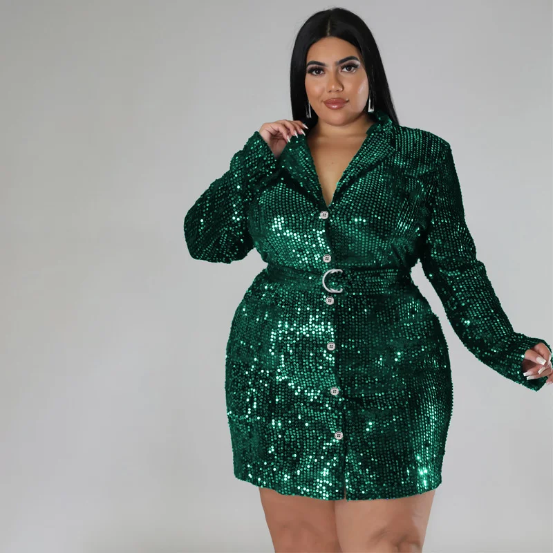 Women Plus Size Suit Dresses Fashion Lapel Long Sleeve Sequin Blazer Elegant Casual Lady Solid Color Jacket Dress For Party