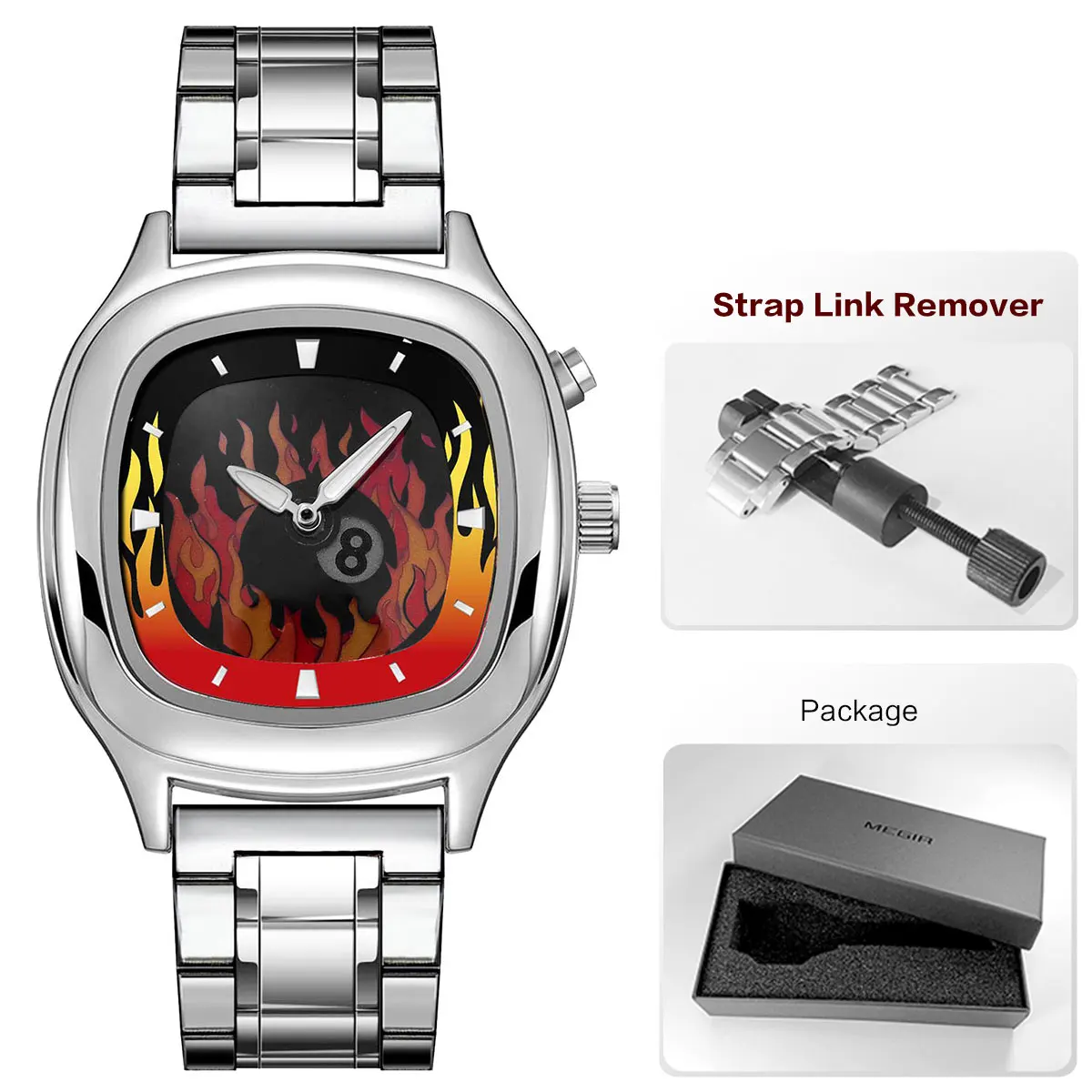 Retro Millennium Watch for Men with Dynamic Flame Dial Unique Creative Quartz Wristwatch with Stainless Steel Strap Square Case