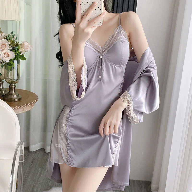 Tweedelige set satijnen zijden pyjama's voor dames effen kleur kanten rand sexy gewaden jarretel nachtkleding jurk