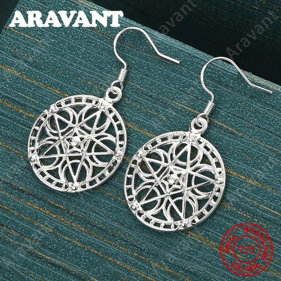 925 Sterling Silver Round Openwork Carved Pattern Earrings, Fresh And Elegant Design, Women'S Engagement Jewelry