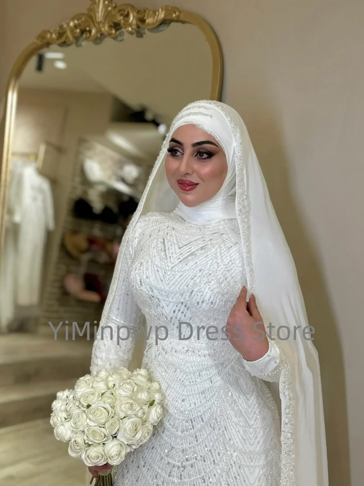 Muslim Wedding Dresses with Hijab High Neck Long Sleeve Luxury Bride Dress Mermaid Sequined Beading White Bridal Gown Customized