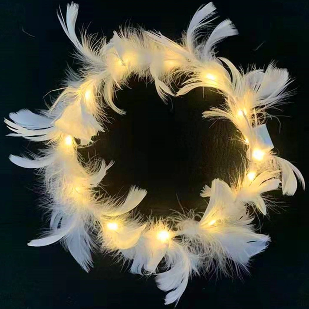 6Pcs LED Christmas Headband Light Up Feather Angel Crown Wreath Headbands Luminous Hair Accessories Headdress For Women Kids