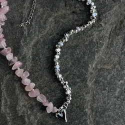 Elegant Irregular CCB &Pink Stone Beads Chain Heart Pendant Necklace For Women Choker Dinner Party Valentine's Jewelry N0498