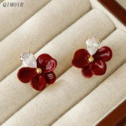 Clear Zircon Red Enamel Metal Flower Post  Earrings For Women Fashion Jewelry Elegant Fancy Party Accessories Wholesales C1738