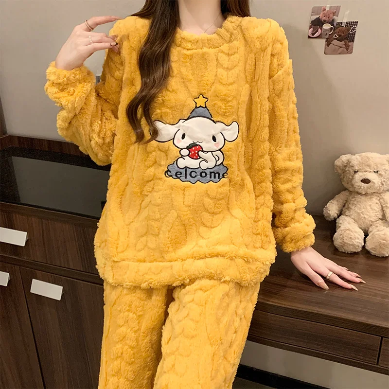 Piyama hangat bulu karang wanita Sanrio yukui Set pakaian rumah Pullover leher kru Jacquard lucu bulu domba musim gugur dan musim dingin