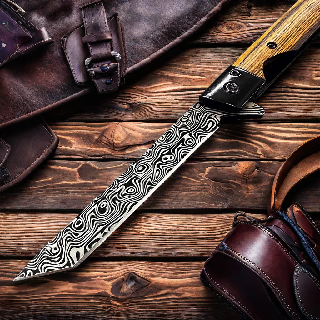 Solid Sandalwood Handle Folding Knife Black Pattern Folding Knife Multipurpose Outdoor Camping Stainless Steel Knife With Cover