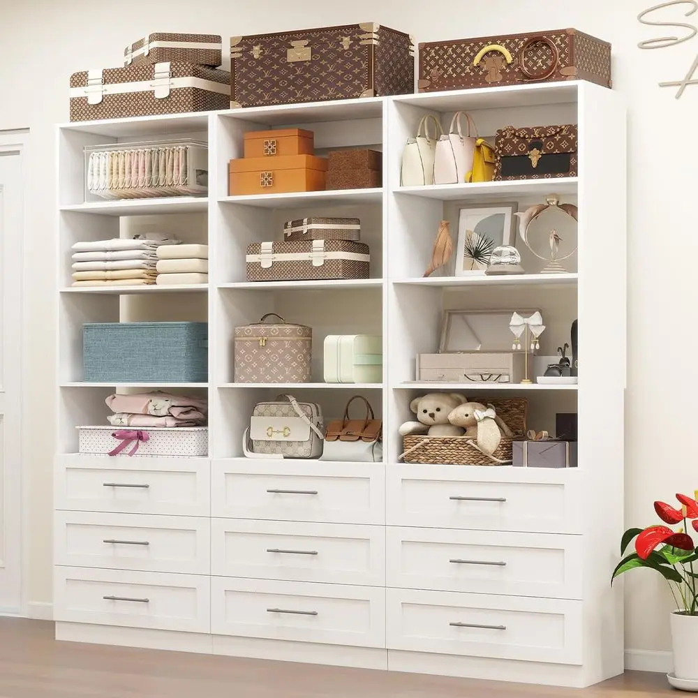 

6-Tier Wooden Walk-in Closet Organizer with Hanging Rod, Compact Storage Solution in White