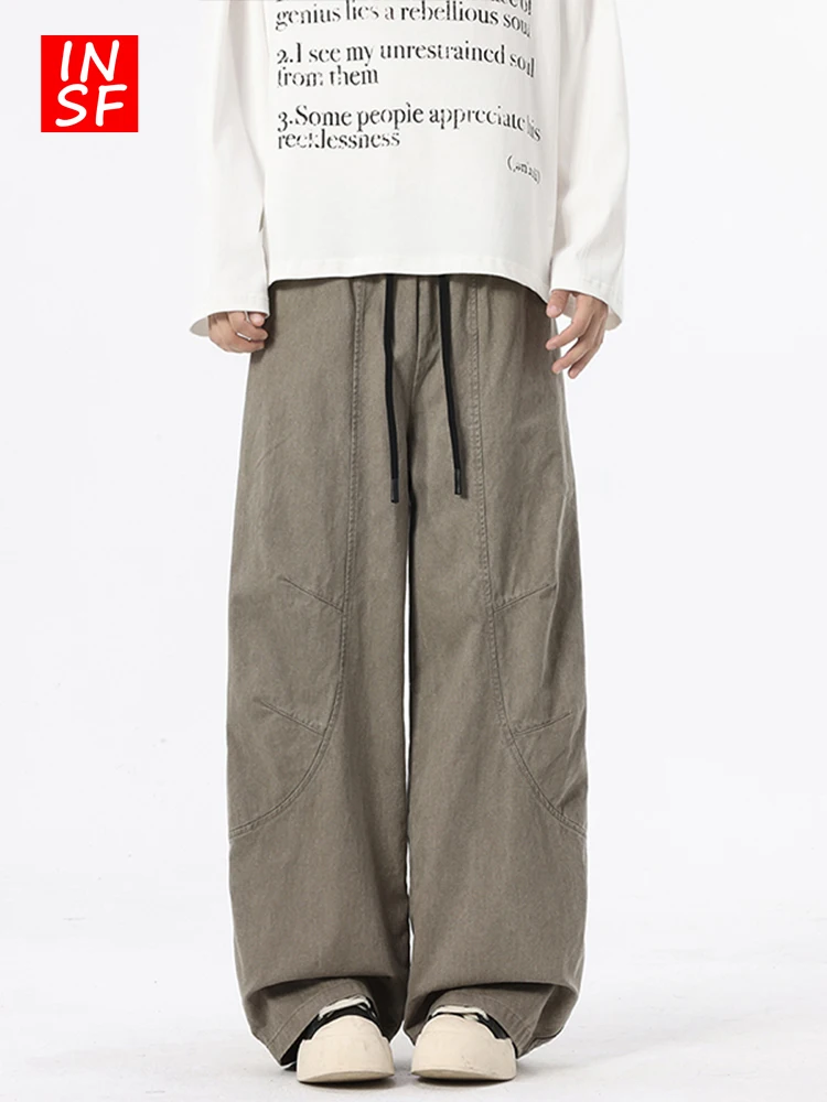 

American Sle Casual Cotton Men's Wide Leg Pants Spring Autumn High Street Loose Fit Teenage Boy's Straight Tube Trousers