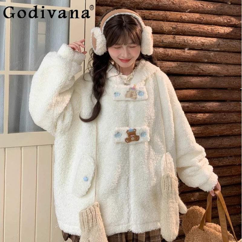 

Sweet Fleece Lined Hooded Sweatshirt for Women Loose Versatile Fleece Hoodies for Autumn Winter Girls Japanese Lolita Sweatshirt