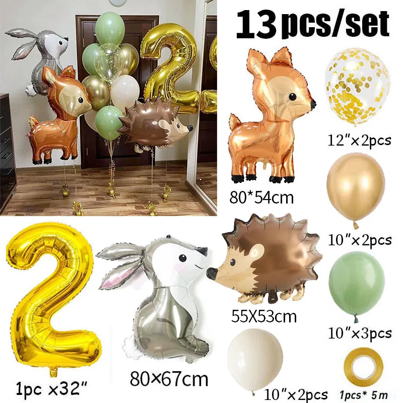 13pcs Gold 32inch Number Animal Foil Balloons 2nd Happy Birthday Party Decorations Kids Girl Boy 2 Year Old Anniversary Supplies